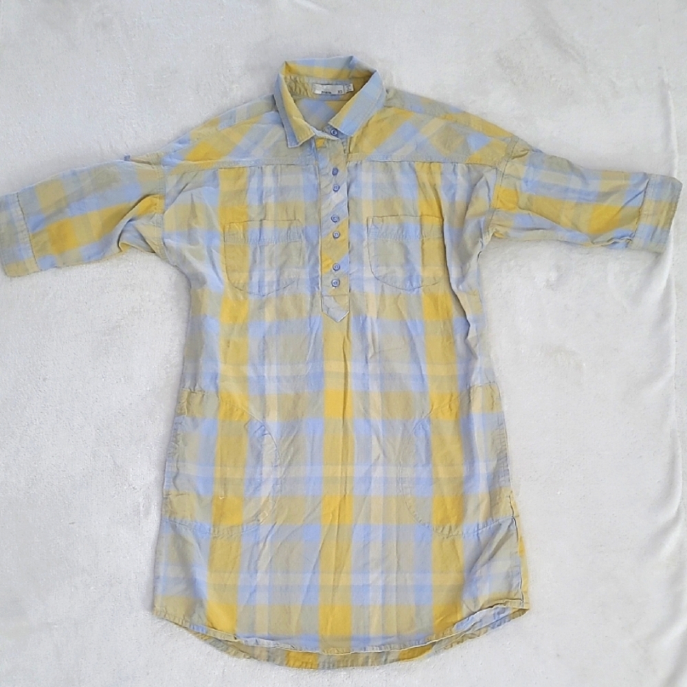 Prana Plaid Tunic Top XS Yellow Blue Boho Travel Style Lightweight Button Shirt